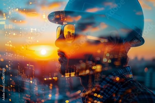 Double exposure of an engineer with cityscape and sunset, symbolizing urban development, progress, and futuristic vision.