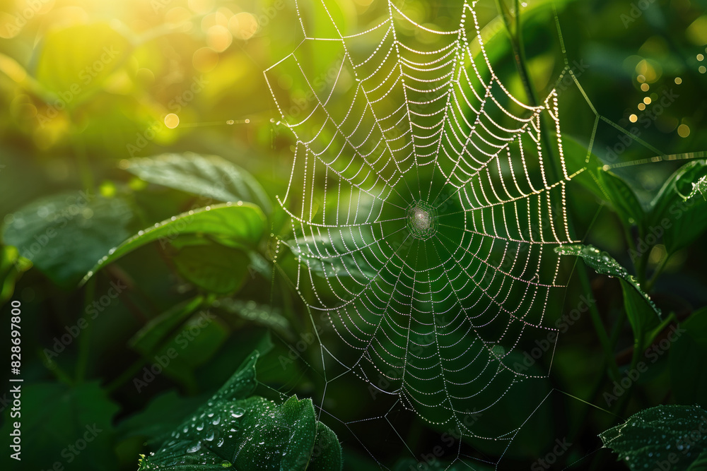 Intricate Spider Web with Morning Dew in Lush Greenery