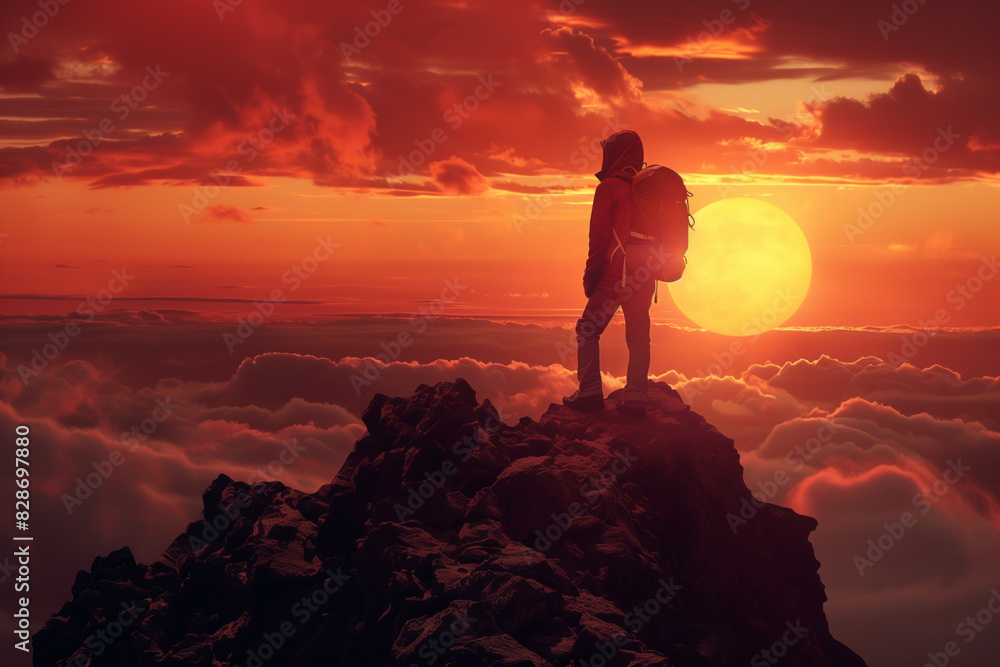 Hiker Standing on Top of a Mountain at Sunset