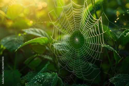 Intricate Spider Web with Morning Dew in Lush Greenery