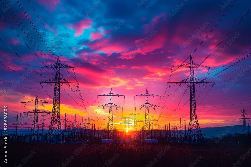 Energy plant at sunset, close up, focus on, colorful hues, double exposure silhouette with power generators