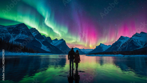 Silhouette of a loving couple holding hands by a calm lake with the beautiful northern lights dancing in the evening sky photo
