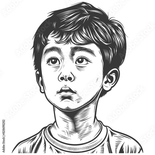 asian boy with old engraving style