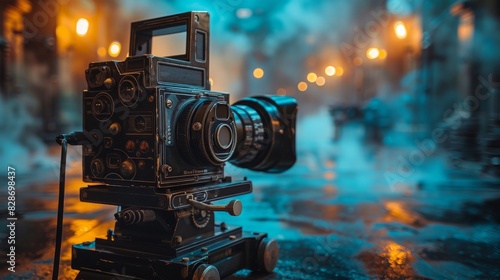 Vintage-style film camera setup on a moody  atmospheric film set with cinematic lighting and an urban backdrop