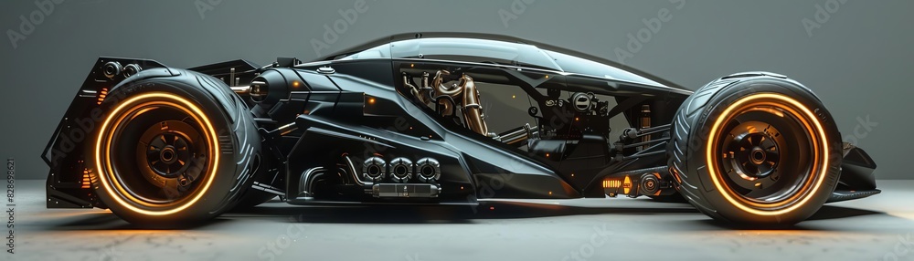 Fototapeta premium A futuristic black car with orange glowing wheels and engine.