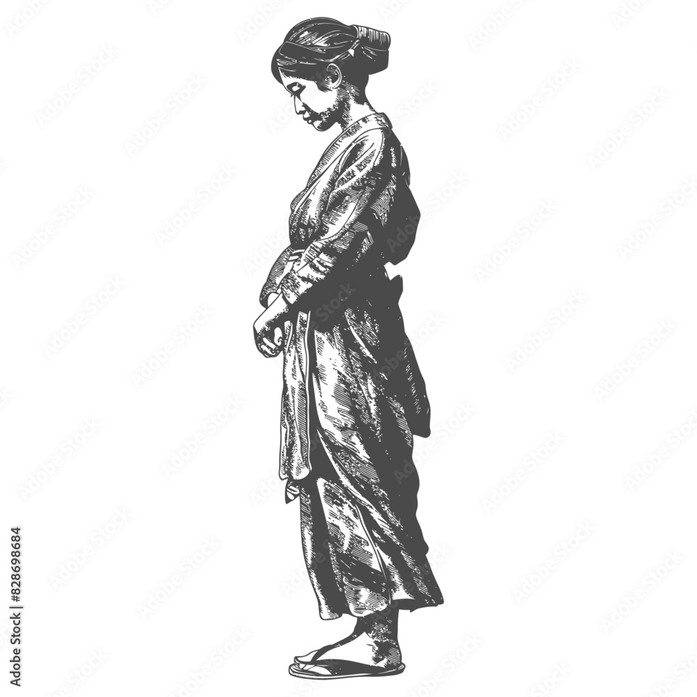asian girl alone body with old engraving style