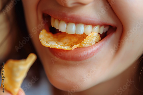 Close-up of Woman Eating a Potato Chip