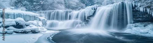 Frozen waterfall cascading over icy rocks in a winter wonderland, creating a serene and peaceful natural landscape.