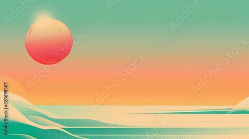 Minimalist design of a sun setting over an expansive ocean scene