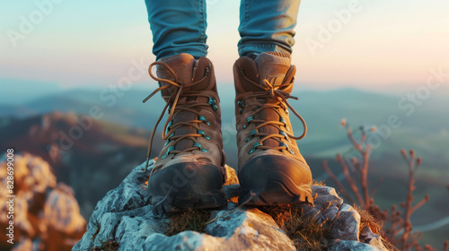 Hiking Boots on a Rocky Mountain Top at Sunset