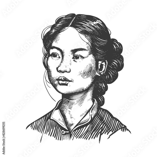 asian girl alone with old engraving style