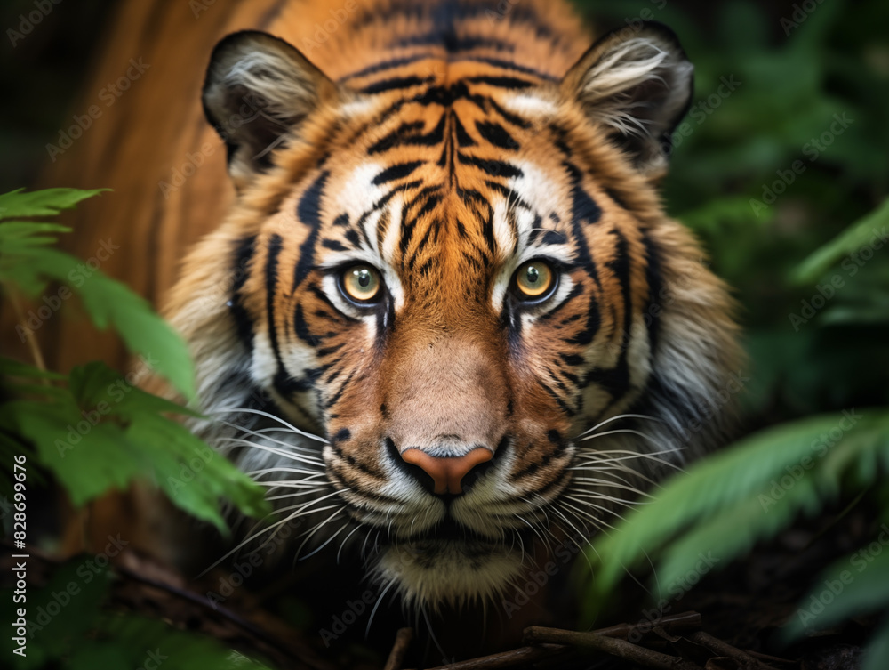 Fototapeta premium A Tiger Crouched Low In The Grass