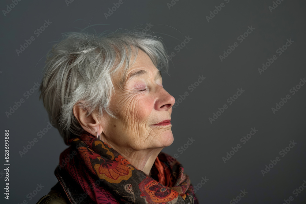 A close up of a woman's face with her eyes closed looking to a side A close up of a woman's face with her eyes closed looking to a side