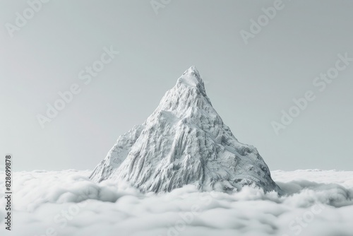 The essence of perseverance depicted in minimalist art: a lone mountain peak towering above the clouds against a muted gray sky, symbolizing resilience and determination. photo