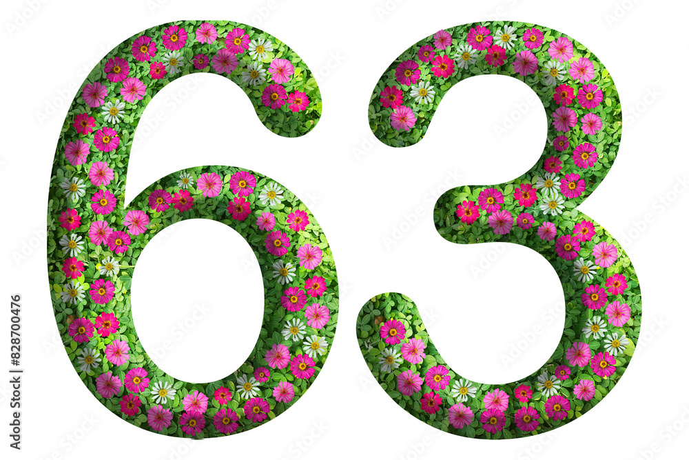3d of the number 63 is made of green grass and beautiful flower isolated on transparent background. Go green concept for Memorial Day template 3d of the number 63 is made of green grass and beautiful flower isolated on transparent background. Go green concept for Memorial Day template