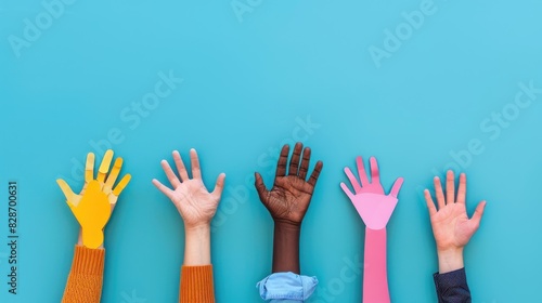 Colorful cut out paper hands of different skin colors reaching up on a blue background.
