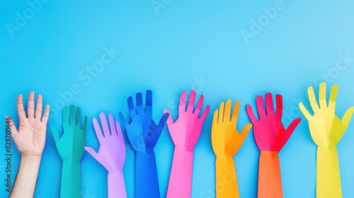 Colorful cut out paper hands of different skin colors reaching up on a blue background.