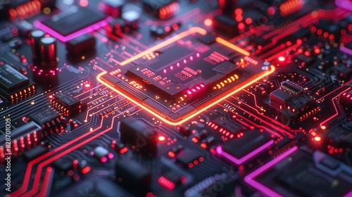 Microchip with integrated holographic interface, neon lights, high detail, futuristic design, dark background, scifi style 8K , high-resolution, ultra HD,up32K HD