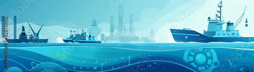 Geoengineering concept with ocean upwelling, ships and machinery, digital illustration, blue tones, dynamic photo