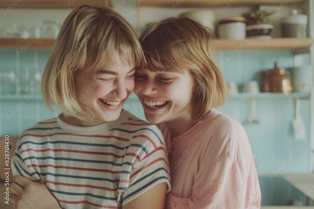 Happy lesbian couple hugging and laughing at home. Happy lesbian couple hugging and laughing at home.