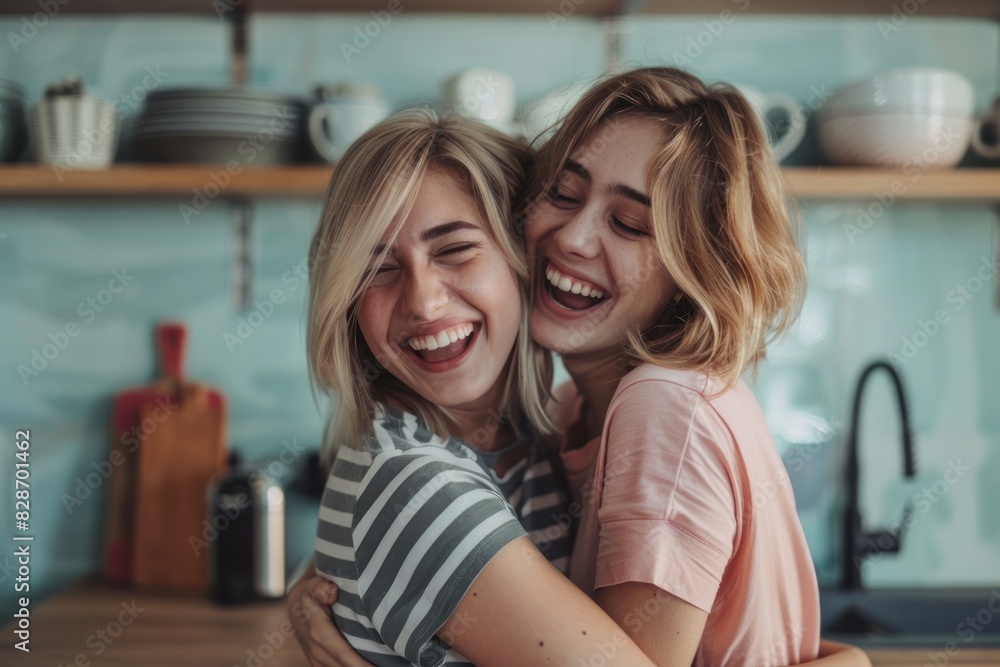 Happy lesbian couple hugging and laughing at home. Happy lesbian couple hugging and laughing at home.