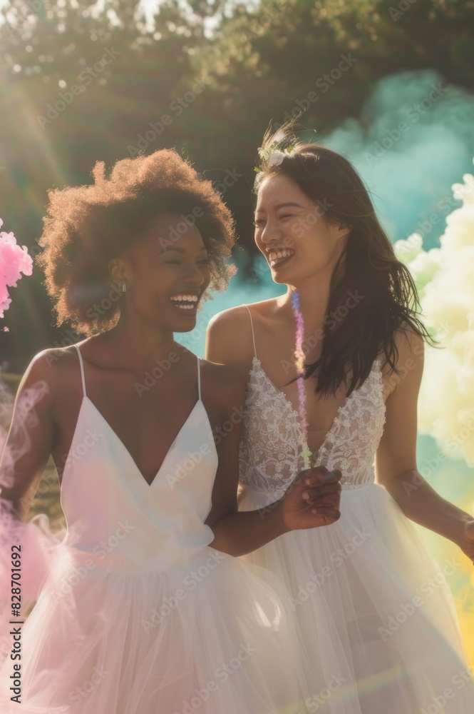 Two Lesbians happy young women in white simple wedding dresses. Two Lesbians happy young women in white simple wedding dresses.