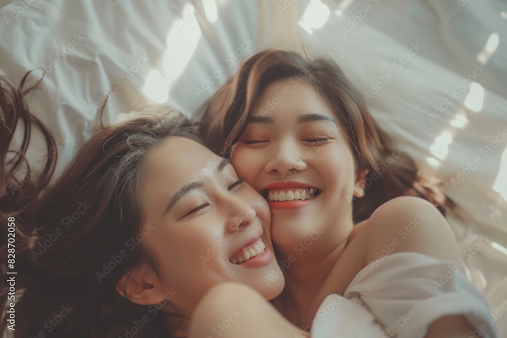 Happy Asian lesbian couple lying on the bed in the bedroom. Happy Asian lesbian couple lying on the bed in the bedroom.