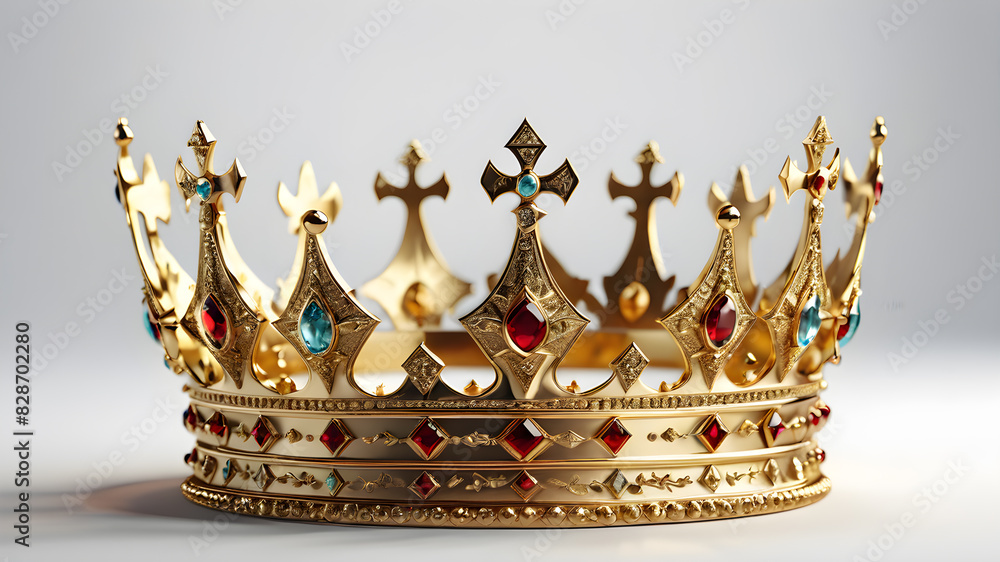 Golden crown, raised, opulent, massive, playful, many details, tapering, medieval, against a white background, Generative AI Golden crown, raised, opulent, massive, playful, many details, tapering, medieval, against a white background, Generative AI