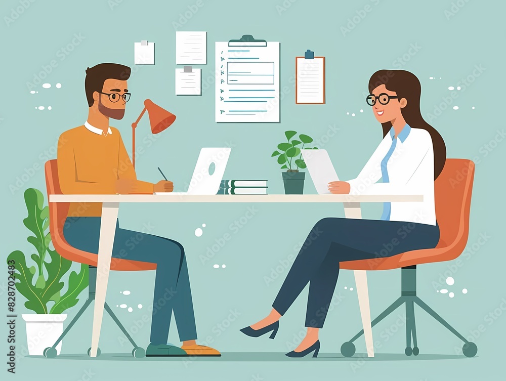 Picture a flat design of an HR manager reviewing employment policies Picture a flat design of an HR manager reviewing employment policies