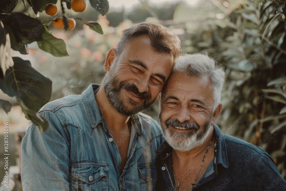 Fototapeta premium Portrait of happy senior father and adult son hugging in garden.