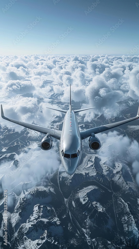 Fototapeta premium A sleek silver airplane soars through the sky above a majestic mountain range.