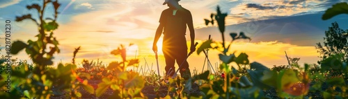 Healthy person gardening at sunset, close up, focus on, vibrant tones, double exposure silhouette with garden tools