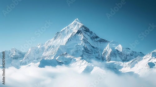 Majestic mountain peak covered in snow, with a clear blue sky and a breathtaking view of the surrounding ranges and valleys