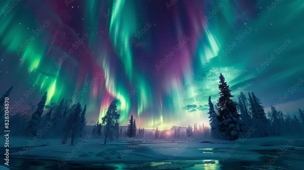 Night sky ablaze with the Northern Lights, vibrant green and purple hues dancing above a snowy, tranquil wilderness Night sky ablaze with the Northern Lights, vibrant green and purple hues dancing above a snowy, tranquil wilderness