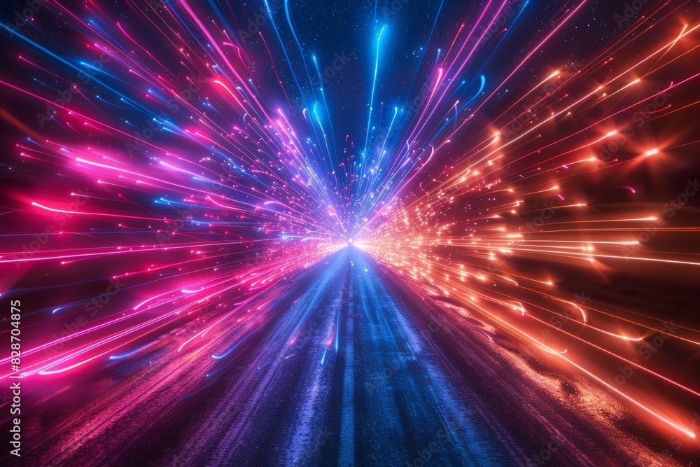 Glowing neon lights illuminate the night sky in a dazzling display of color, including vibrant shades of red, white, and blue reminiscent of the American flag. Glowing neon lights illuminate the night sky in a dazzling display of color, including vibrant shades of red, white, and blue reminiscent of the American flag.