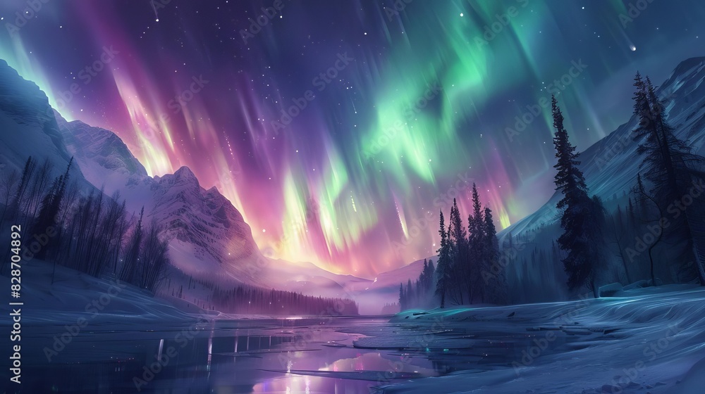 Night sky ablaze with the Northern Lights, vibrant green and purple hues dancing above a snowy, tranquil wilderness Night sky ablaze with the Northern Lights, vibrant green and purple hues dancing above a snowy, tranquil wilderness
