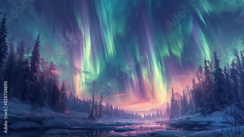 Night sky ablaze with the Northern Lights, vibrant green and purple hues dancing above a snowy, tranquil wilderness