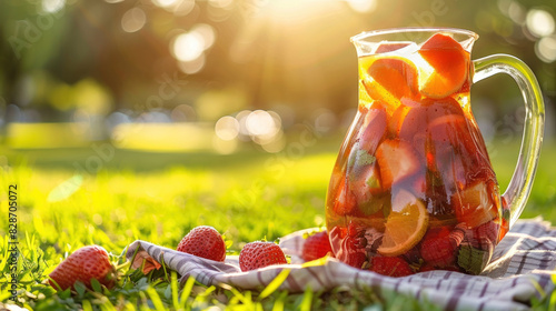 Pitcher of sangria wine cocktail with citrus fruits and strawberries, summer picnic