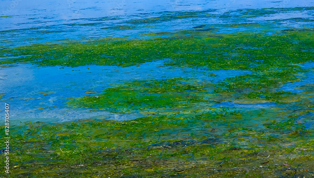 Accumulation of green algae Ulva and Enteromorpha near the shore in a salt lake on the Tiligul estuary Accumulation of green algae Ulva and Enteromorpha near the shore in a salt lake on the Tiligul estuary