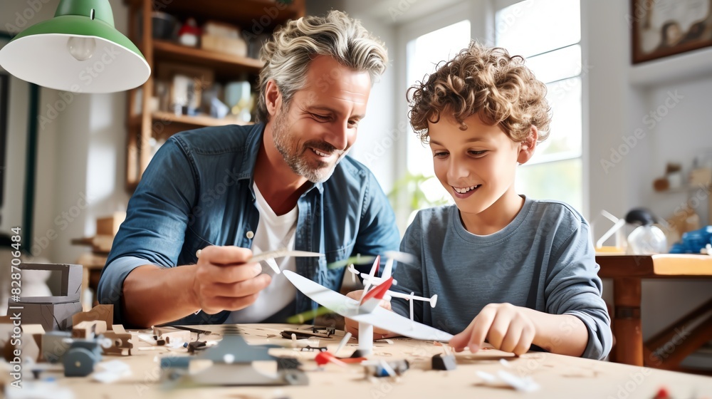 Father and son bonding over building model airplanes in a cozy home setting. Joyful family time with hands-on activities. Father and son bonding over building model airplanes in a cozy home setting. Joyful family time with hands-on activities.