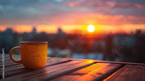 A coffee mug showcasing a sunrise or sunset, symbolizing the ideal beginning or conclusion of one's day, innovative conceptual design. photo