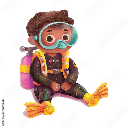 Cute diver sitting cartoon white background (4)