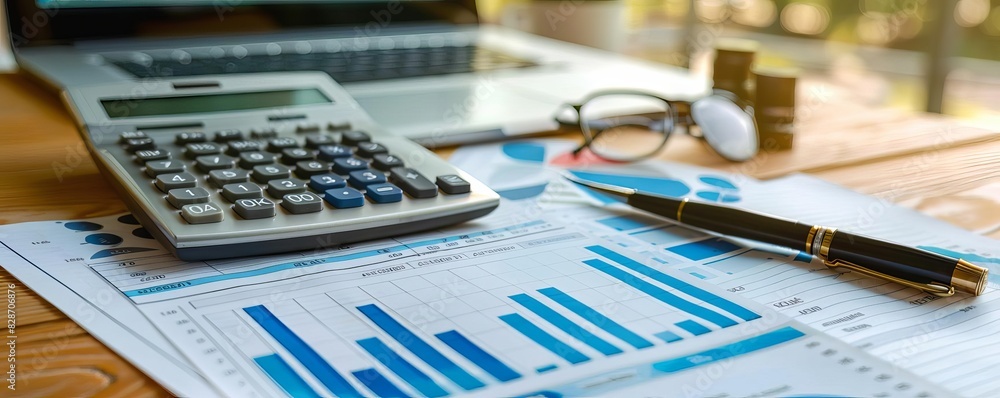 Office desk with financial documents, calculator, pen, and glasses. Business analysis and accounting work environment with charts and graphs. Office desk with financial documents, calculator, pen, and glasses. Business analysis and accounting work environment with charts and graphs.