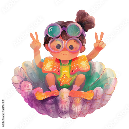 Cute diver sitting on pearl shell with peace sign (5)