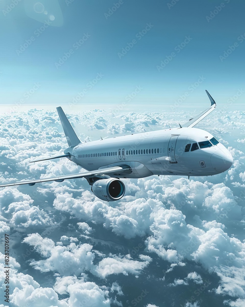 White passenger airplane flying in the sky with empty space White passenger airplane flying in the sky with empty space
