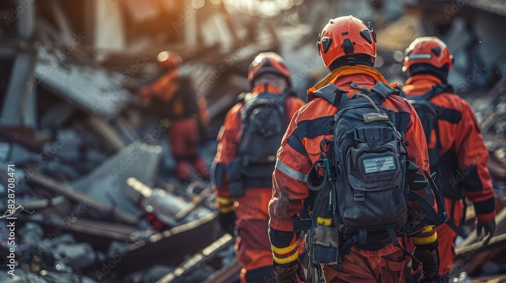 Search and rescue team hunting for survivors hidden under debris, front view, disaster response, digital tone, Complementary color scheme Search and rescue team hunting for survivors hidden under debris, front view, disaster response, digital tone, Complementary color scheme