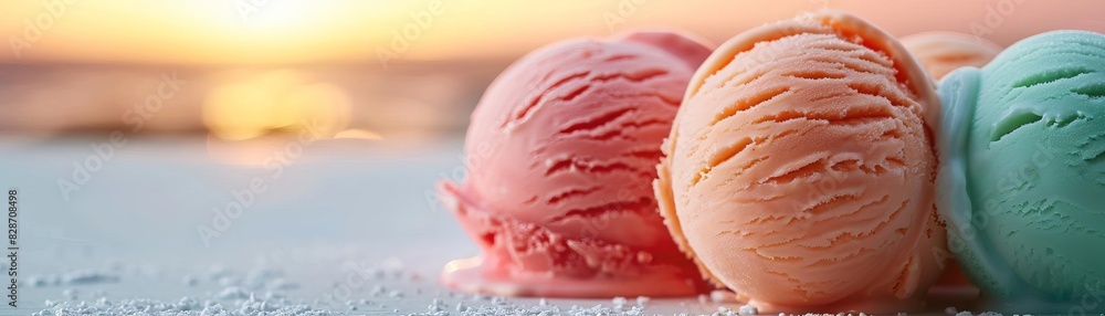 Scoop of different flavored ice cream on sandy beach at sunset. Refreshing dessert evokes summer fun and relaxation. Perfect for food and travel themes. Scoop of different flavored ice cream on sandy beach at sunset. Refreshing dessert evokes summer fun and relaxation. Perfect for food and travel themes.