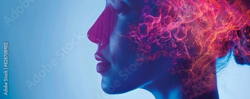 Science of the endocrine system, close up, focus on, colorful shades, double exposure silhouette with hormone secretion photo