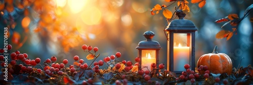 outdoor thanksgiving decor lanterns candles surrounded by pumpkins autumn leaves on a rustic background emphasizes autumn harvest and gratitude, with space for text