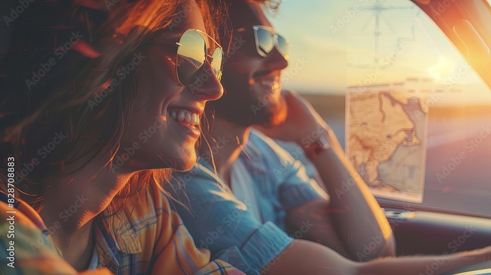 Smiling couple enjoying a scenic sunset road trip, wearing sunglasses and looking at a map while driving through picturesque landscapes.